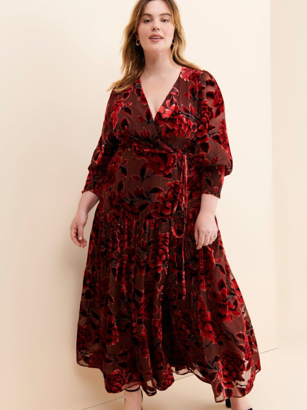 Hutch Anthropologie Velvet Wrap Maxi Dress 3X Burgundy Flounce Hem
